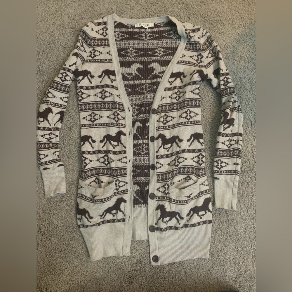 FOREVER 21-Size S-Gray & Brown Button Up Horse Knit Sweater w/ pockets